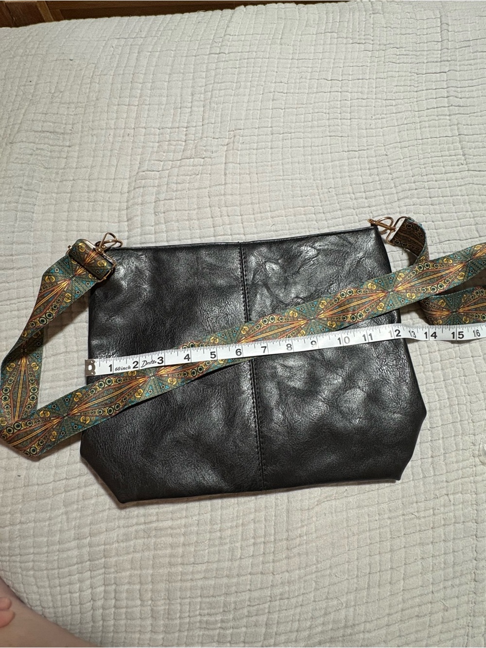 Classic Black vegan Leather Crossbody Bag with Patterned Strap